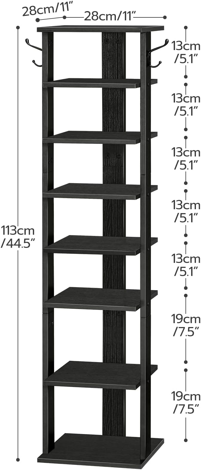 HOOBRO 8 Tiers Vertical Shoe Rack, Wooden Shoe Storage Organizer with Hooks, Narrow Shoe Tower for 8 Pairs, Space Saving, for Entryway, Living Room, Bedroom, Black BK07XJ01