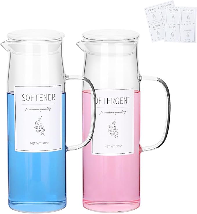 Laundry Detergent Dispenser Set with Labels and Handle for Laundry Room Organization and Storage- Easy Pour 2 Pack 50 oz Liquid Laundry Containers for Laundry Room Decor, Farmhouse Decor
