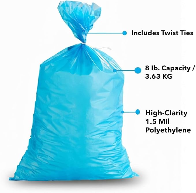 1000 Pack 8 lb Blue Heavy-Duty Plastic Ice Bags - 1.5 mil Durable Freezer Ice Packing Bags with Twist Ties for Retail, Catering & Commercial Use