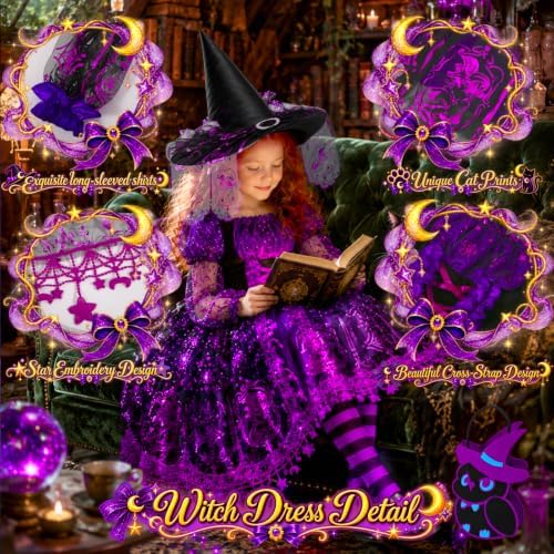 Witch Costume for Girls, Light Up Halloween Costume for Kids 3-10
