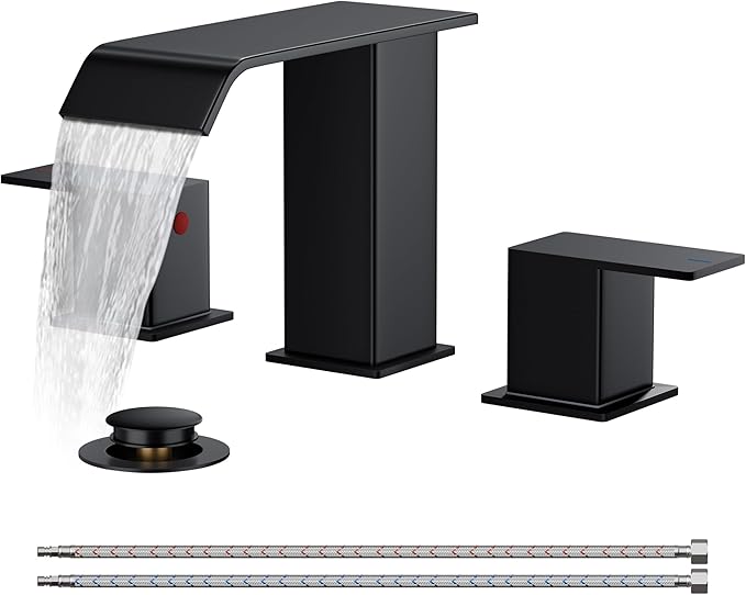 FORIOUS Bathroom Faucets 3 Hole, Matte Black 8 Inch Widespread Bathroom Sink Faucet Waterfall Spout, with Pop Up Drain and Water Supply, Suitable for Vanity Rv Commercial Lavatory Restroom