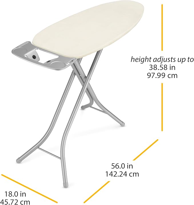 Whitmor Extra-Wide Ironing Board with Iron Rest, 18 x 48.5 in | Metal mesh top, 7mm foam pad, iron rest, 4-level height adjustment, safety lock, natural beige cover