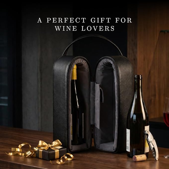 Bey-Berk Genuine Leather Two-Bottle Wine Caddy with Bar Tool (Black), Zippered Travel Case with Strap Handle for Wine Transport and Gifting