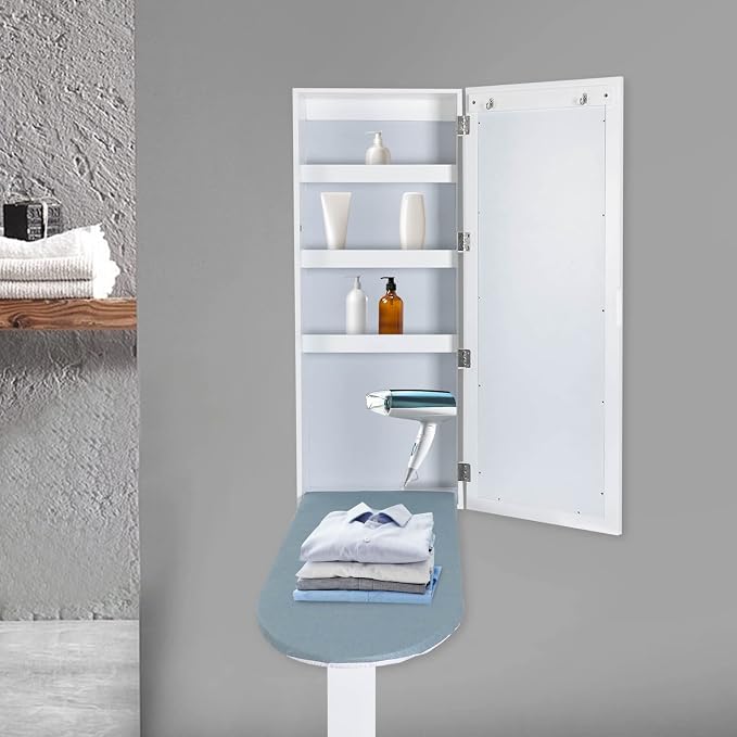 Wall Ironing Board Cabinet Built-in 35" L Ironing Board Fold Down Ironing Board Cabinet with Storage Cabinet, Mirrors, Support Table for Home Apartment, White 14" L x 6.9" W x 37.4" H