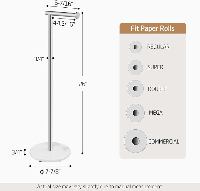 KES Extra High Toilet Paper Holder Freestanding 26", Toilet Paper Holder Stand with Natural Marble Base, Floor Free Standing Toilet Paper Holders 18/8 Stainless Steel Polished Finished, BPH284S66