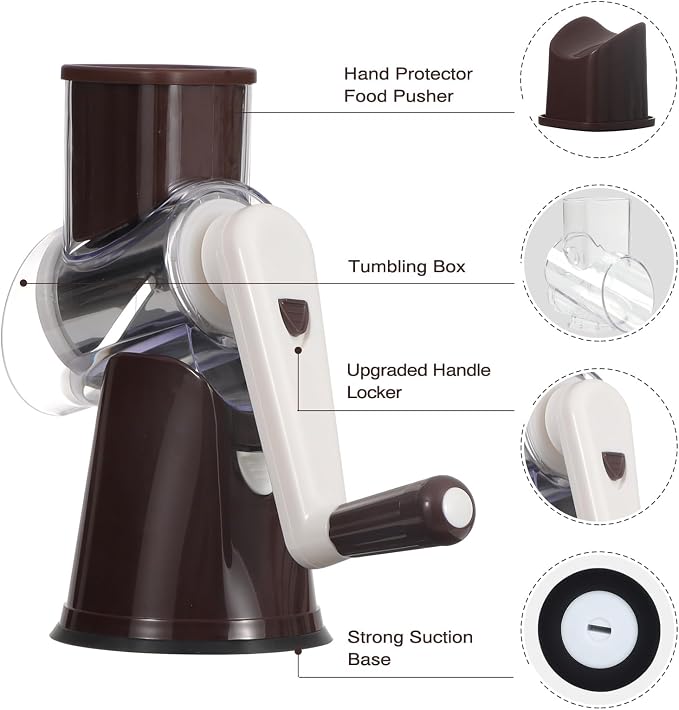 Cambom Rotary Cheese Grater Hand Crank Cheese Shredder for Fresh Cheese, Vegetable, Nuts,Non-slip Suction Base, Three Blades, Coffe Color