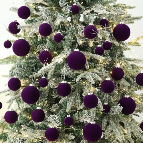 Purple Velvet Christmas Ball Ornaments-46pcs Flocked Xmas Tree Decorations