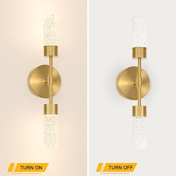 Brushed Gold Wall Sconces Set of 2, Hardwired 3000k Crystal Bathroom Sconces, Modern Sconces Wall Light Fixtures, Bathroom Vanity Light Fixtures Wall Decor Bathroom Mirror Living Room Hallway Bedroom