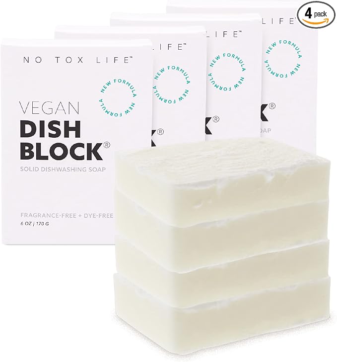 NO TOX LIFE Vegan Dish Block, 6 oz – A Solid Dish Soap for Effective Cleaning of Dishes, Pots and Pans – Ultra-Concentrated Biodegradable Formula – Fragrance and Dye Free – 4 Pack