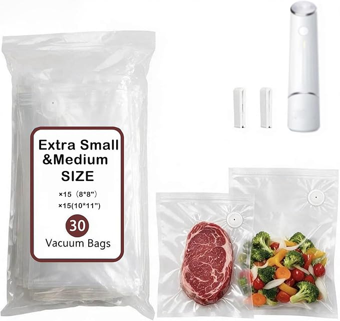 30-Pack Vacuum Sealer Bags Compatible with Chef Preserve – BPA-Free, 15 Medium (10×11 in) + 15 Extra Small (8×8 in), Reusable Leak-Proof Food Storage Bags for Freezer, Microwave & Sous Vide