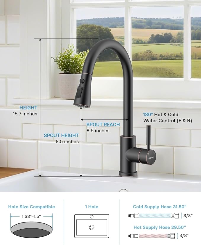 WEWE Kitchen Faucet with Pull Down Sprayer and Soap Dispenser, Oil Rubbed Bronze High Arc Single Handle Stainless Steel Sink Faucet, Suitable for Farmhouse, RV & Laundry