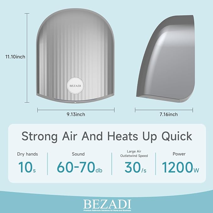1200W Commercial Hand Dryer, High-Speed Hot & Cold Wind, Wall Mounted, Automatic Hand Dryer for Home, Bathroom, Industry - 110V, Silver, ABS Material