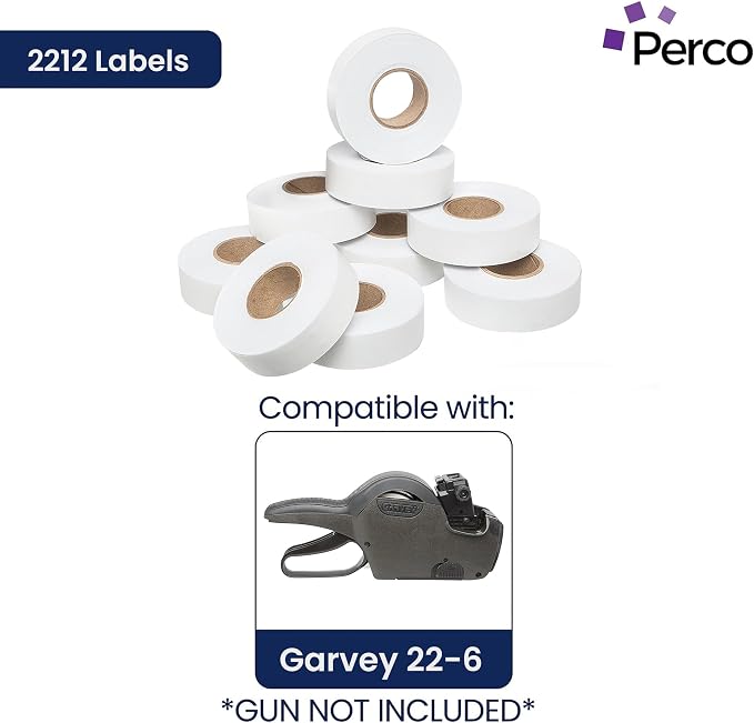 Perco White Price Marking Labels - 11,000 Blank Labels for Garvey Contact 22-6/22-7/22-8 Price Gun with Ink Roll Included - 9 Rolls, 1 Sleeve - Made in USA