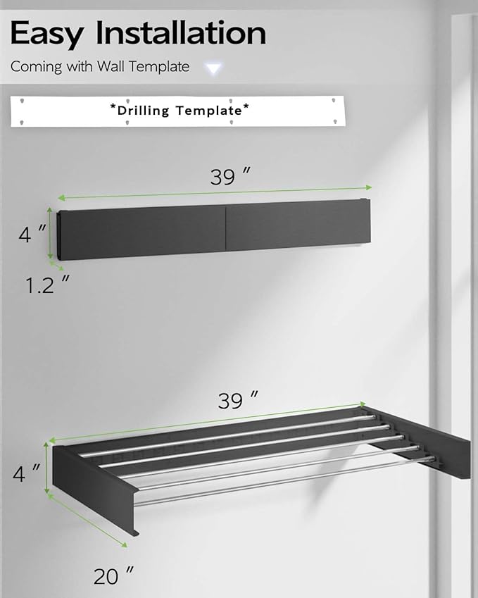 Vikaqi Wall Mounted Clothes Drying Rack 40", Foldable Wall Mount Laundry Rack Folding Indoor, Drying Rack Clothing Collapsible, Hidden Space Saver with Wall Template, 6 Rods, Black