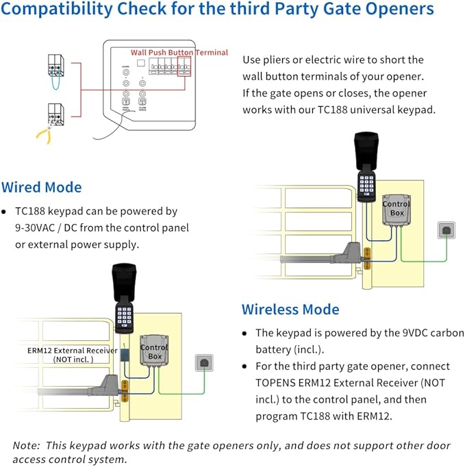 TOPENS TC188 Universal Wireless Wired Keypad Keyless Entry Keypad Waterproof Digital Code Panel Security Control for Automatic Swing Sliding Gate Opener, Remote Operator Accessory