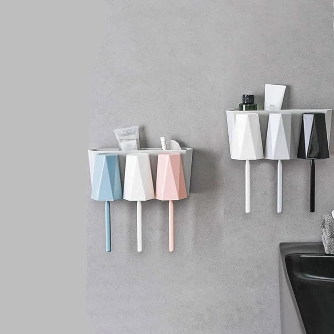 Toothbrush Rack Wall-Mounted Toothbrush Holder Hole-Free Bathroom Storage Rack with Three Sinks and Cups for Toothpaste and Makeup Bathroom Toothbrush Holder(C)