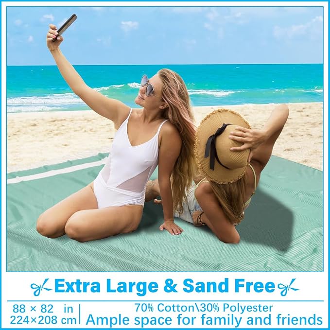 Vikumond Turkish Beach Towel Blanket Oversized 88x82 Inch Quick Dry Green | Lightweight Compact Portable Sand Free Absorbent Boho Woven Throw for Pool Swimming Picnic Camping Cruise Outdoor Essentials