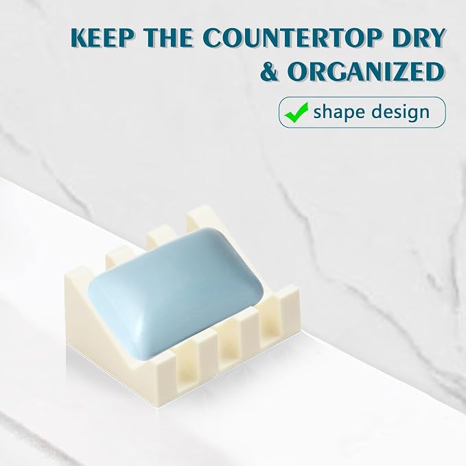 Self Draining Soap Dish Holder,Silicone Soap Dish,for Bathroom,Kitchen, Sponges，Can Extend Soap Life，Keep Soap Bars Dry and Easy Cleaning (N-Cream White,4-Pack)