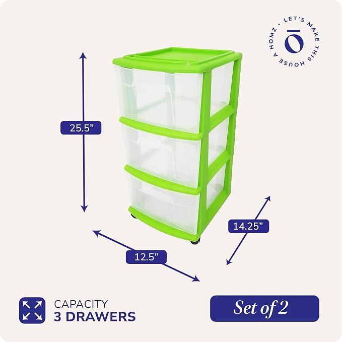 HOMZ 2-Pack Drawer Tower, 3-Tier Clear Plastic Storage Organizer Cart, Bold Lime Frame - Organizing Containers with Wheels for Home, Bathroom, Bedroom, Office, and Classroom