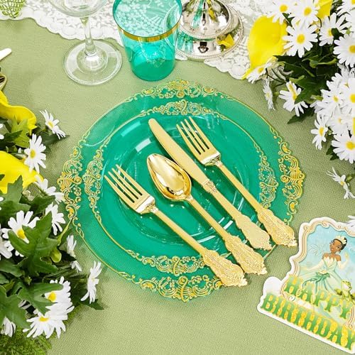 Hioasis 350 Pcs Green Gold Plates for Party