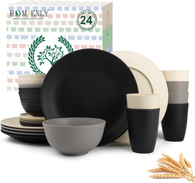 Homienly Wheat Straw Plates and Bowls Set, Lightweight & Unbreakable Dinnerware Set for Kitchen, Parties, Holidays, Microwave and Dishwasher Safe Dish Set - Plate Sets, Bowls, Cups, 24pcs (Grey Stone)