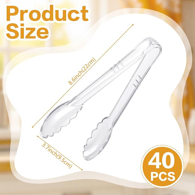 Mwellewm 40 Pc Serving Tongs 9 Inch Bulk Reusable or Disposable Plastic Tongs Heavy Duty Hard Plastic Serving Utensils Set Large Salad Tong for Kitchen Party Food Buffet Appetizer Catering (Clear)