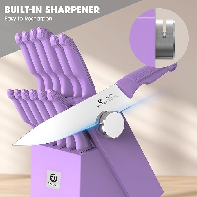 imarku® Kitchen Knife Set, Sharp Knives Set with Built-in Sharpener, Stainless Steel Block Knife Set and Non-Slip Ergonomic Handle, Dishwasher Safe, 14 PCS Professional Knife Set for Gift, Lavender