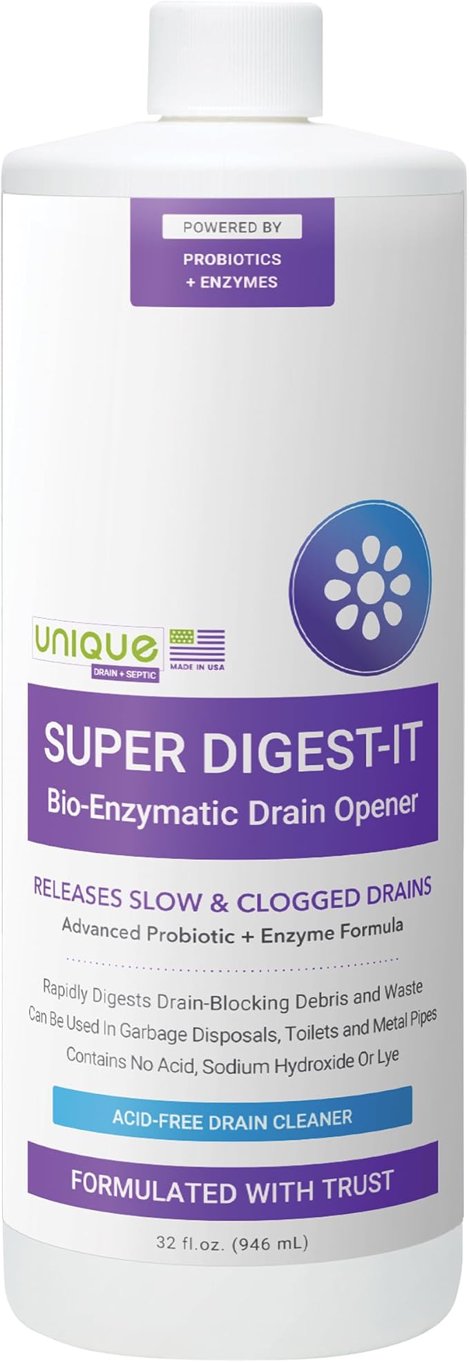 Unique Super Digest-It Bio-Enzymatic Acid-Free Drain Opener and Clog Remover for Household Use (32 fl oz)
