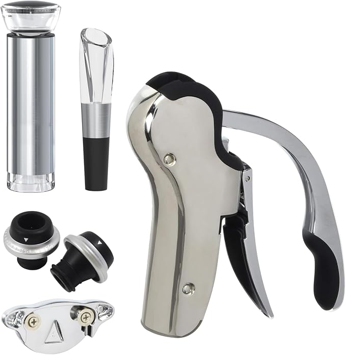 KEISSCO Stainless Steel Wine Opener Set - Compact Vertical Corkscrew Wine Bottle Opener Gift Set with Foil Cutter, Aerator Pourer, Vacuum Pump and 2 Wine Stoppers, Wine Gift Set for Home Party Bar