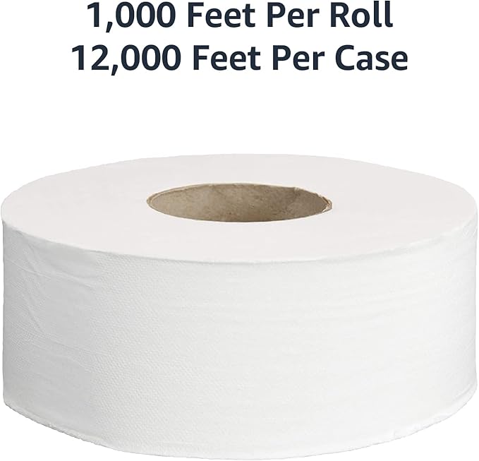 AmazonCommercial 2-Ply White Jumbo Roll Toilet Paper, 9 in, Septic Safe, Compatible with Universal Dispensers, FSC Certified, 1000 Feet Per Roll (Pack of 12)