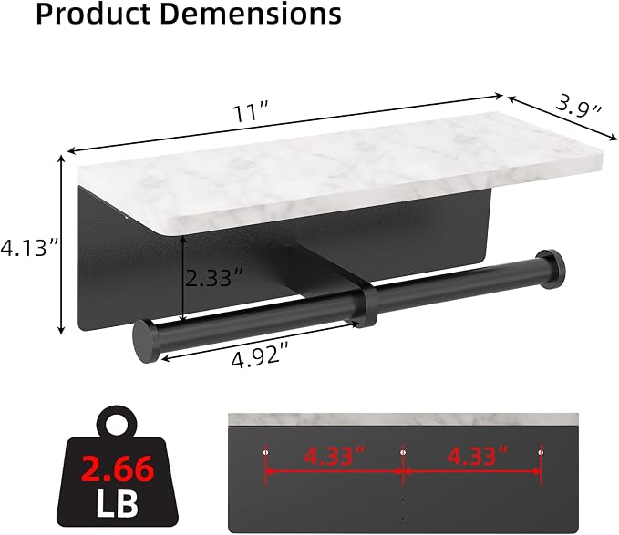 Gypie Toilet Paper Holder with Shelf, New Upgrade Double Toilet Paper Holder with Storage, Marble Roll Toilet Paper Wall Mount for Bathroom Washroom(Black)