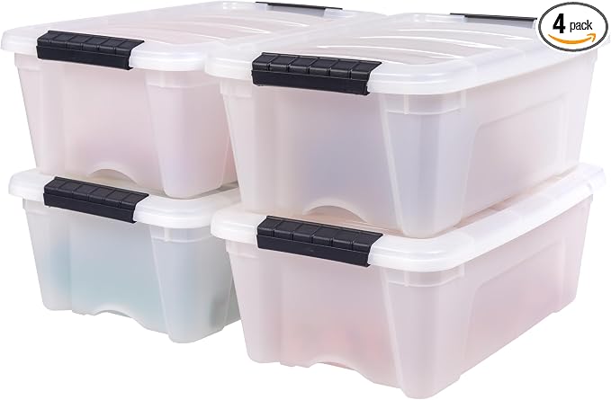 IRIS USA 4-Pack 13 Quart Storage Bins with Lids, Pearl | Conceals contents for a clean look. Ideal for shoes, photos, documents, and small essentials. Nestable design saves space