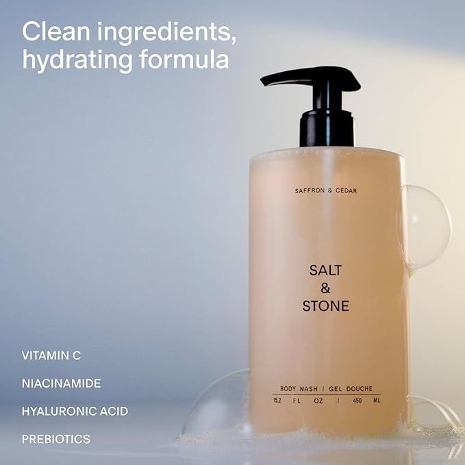Salt & Stone Body Wash with Antioxidants for Deep Moisture | For Women & Men, Sulfate, Paraben, & Dye Free, Leaving Skin Soft and Hydrated | Saffron & Cedar 15.2 fl oz