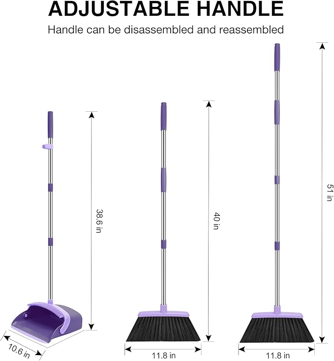 NACENA Broom and Dustpan Set, 52-in Long Adjustable Handle Broom Dustpan Combo with Dustpan Teeth to Automatically Clean Hair Suitable for Home Kitchen Office Hall Floor (Purple), 4 Pack