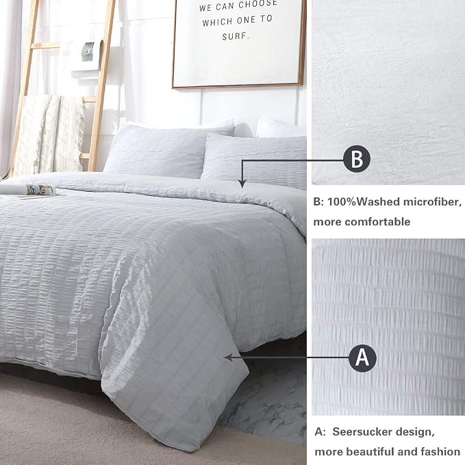 AveLom Seersucker Duvet Cover Set Queen Size (90 x 90 inches), 3 Pieces (1 Duvet Cover, 2 Pillow Cases), Light Gray Ultra Soft Washed Microfiber, Textured Duvet Cover with Zipper Closure, Corner Ties