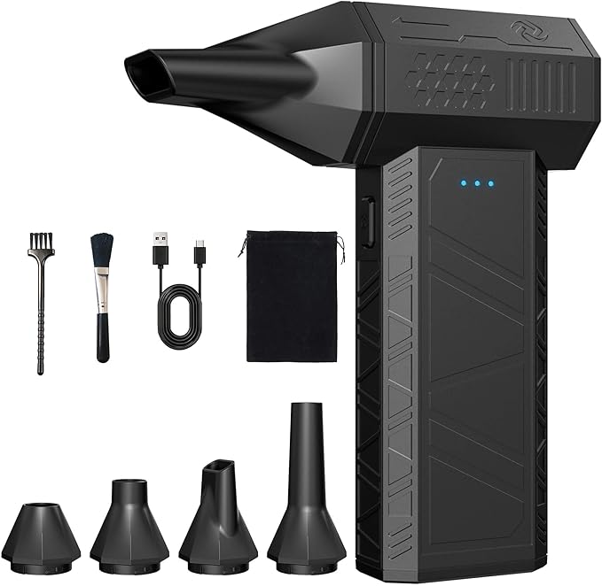 Compressed Air Duster-110000 RPM Super Power Electric Air Duster, 3-Speed Adjustable Rechargeable Cordless Air Blower with Fast Charging, 4 Nozzle for PC, Keyboard, Car, Home, Outdoor