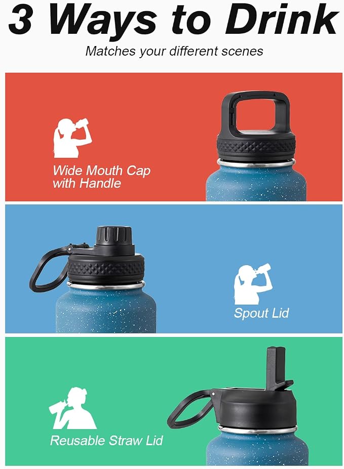 Coolflask Water Bottle 32 oz Insulated with Straw, Stainless Steel Metal 3 Lids Water Flask Wide Mouth for Sports or Office, Non-BPA Keep Cold Up to 48 Hrs or Hot Up to 24 Hrs, Turquoise