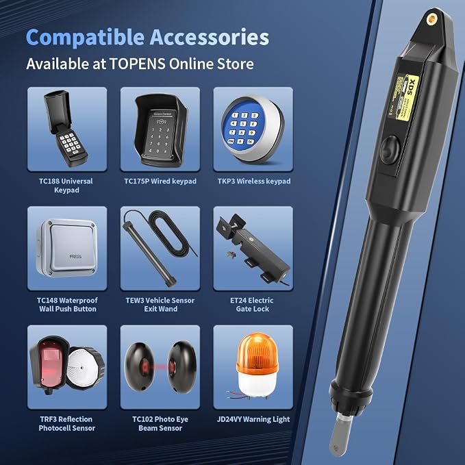 TOPENS XD551 Smart Gate Opener for Medium Duty Single Swing Gates Up to 18ft, Automatic Gate Opener with App Control AC Powered Remote Control Kit Solar Compatible