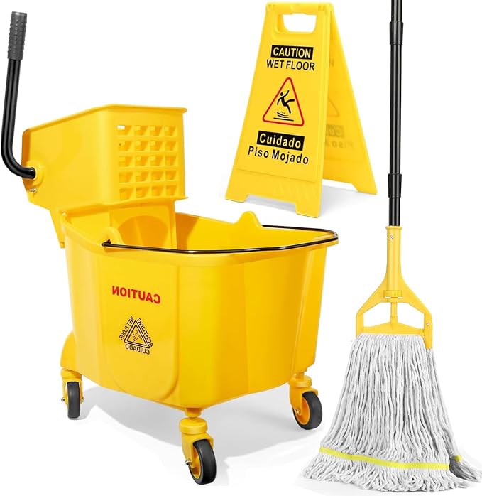 35 Qt Commercial Mop Bucket with Side-Press Wringer Combo on Wheels | Including Janitor Industrial Mop Bucket,Commercial Mops and Wet Floor Caution Sign,Yellow, VOUBIEN