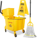35 Qt Commercial Mop Bucket with Side-Press Wringer Combo on Wheels | Including Janitor Industrial Mop Bucket,Commercial Mops and Wet Floor Caution Sign,Yellow, VOUBIEN