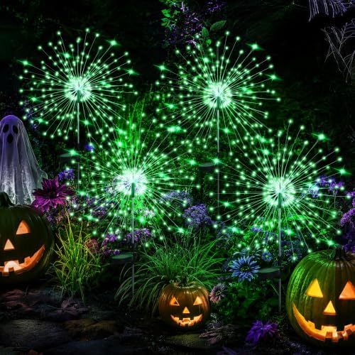 GIGALUMI 4 Pack Solar Firework Lights Outdoor, Halloween Decor, Green