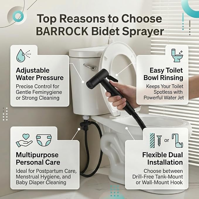 BARROCK Handheld Bidet Sprayer for Toilet, Stainless Steel Metal Made Baby Cloth Diaper Spraying Kit, Bathroom Toilet Bidet Attachment Set for Bathing Pets and Feminine Hygiene, Matte Black