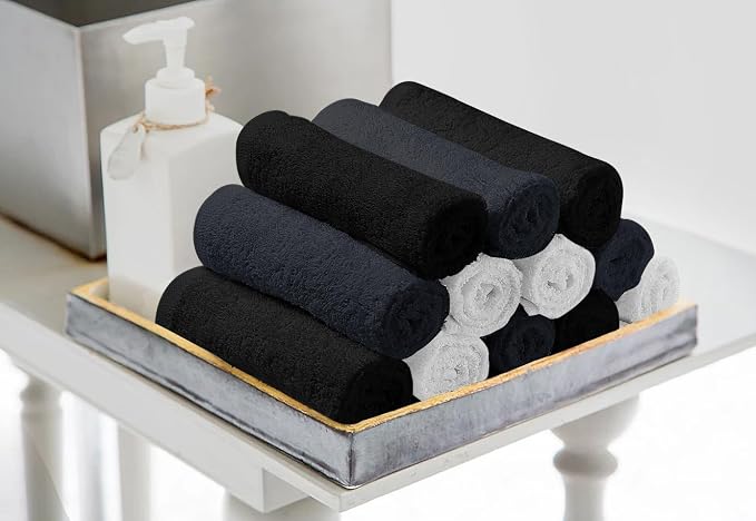Avalon Towels Salon Towel - Black, Grey and White Hand Towels Bulk Pack of 24 - 100% Cotton Absorbent Spa, Facial & Gym Towel for Working Out - 16x27 Inches (Not Bleach Proof)