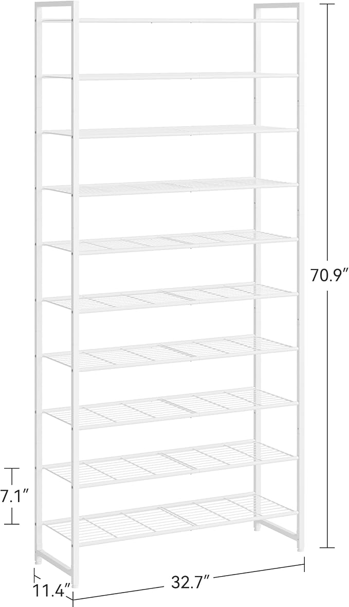 Nunsino Shoe Rack for Closet, Metal Shoe Organizer, 10 Tier Garage Shoe Rack Max Holds 50 Pairs,Shoe Storage Shelf,Entryway,White