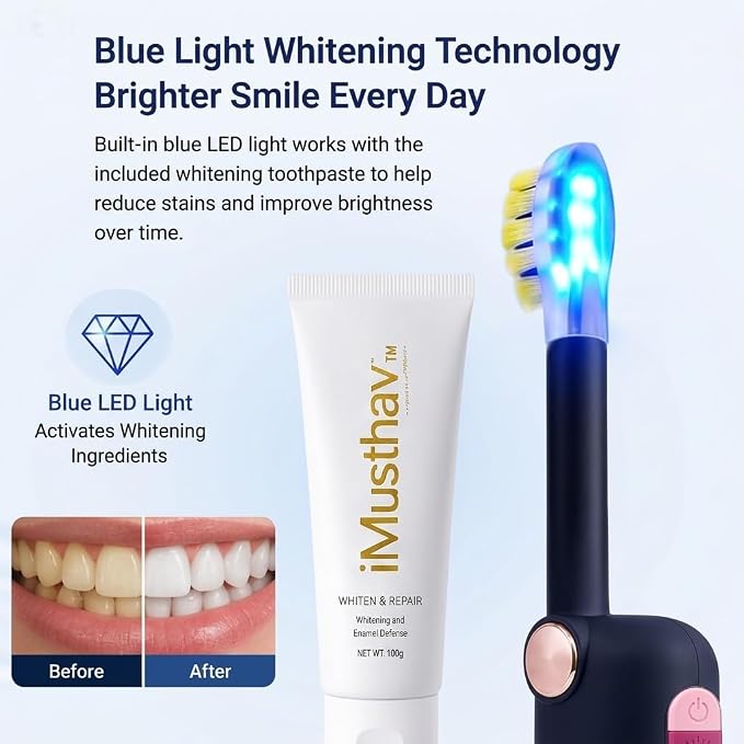 Foldable Travel Electric Toothbrush, Self Cleaning Toothbrush | Battery Operated, Blue LED Light, Whitening Toothpaste, 3 Modes with Smart Timer, 6 Replacement Brush Heads