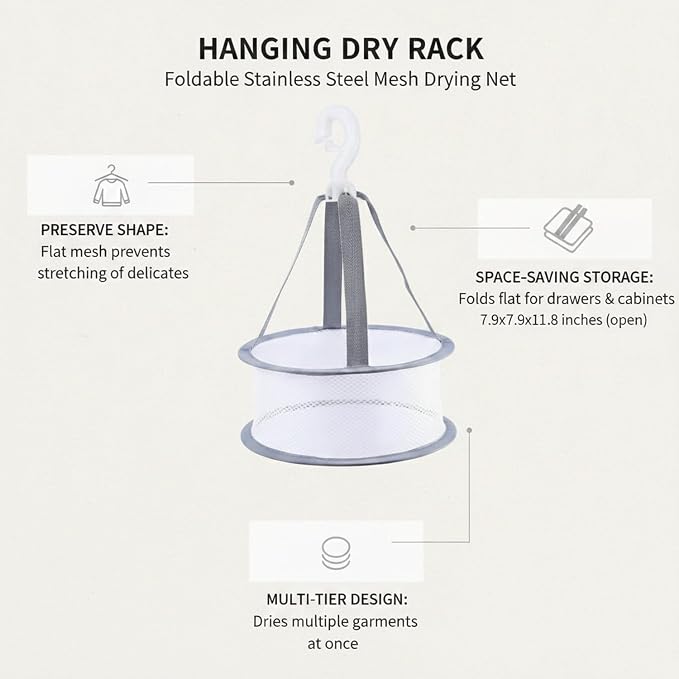 Foldable Hanging Dryer Net, Stainless Steel Mesh Rack for Flat Drying Sweaters & Delicates, Space-Saving Laundry Organizer