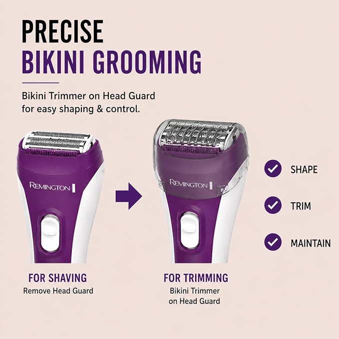 Remington Smooth & Silky Electric Shaver for Women, 3-Blade Wet & Dry Razor | Battery Operated for Cordless Use, Includes Bikini Trimmer Attachment, 100% Waterproof Design, Flexible Hypoallergenic Foils