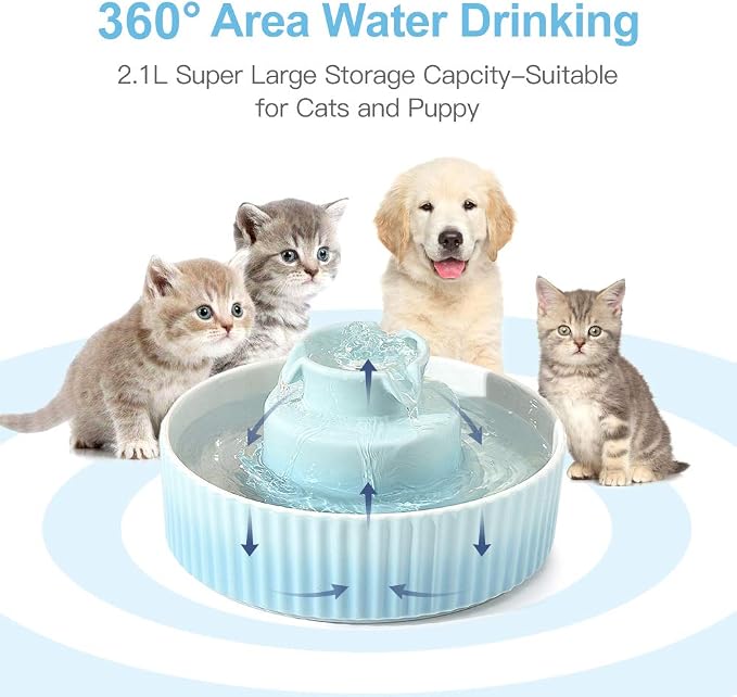 360 Ceramic Pet Fountain, Advanced Porcelain Cat Water Fountain, 70 oz.Drinking Fountains Bowl for Cat and Dogs with Replacement Filters and Foam (Green Blue)