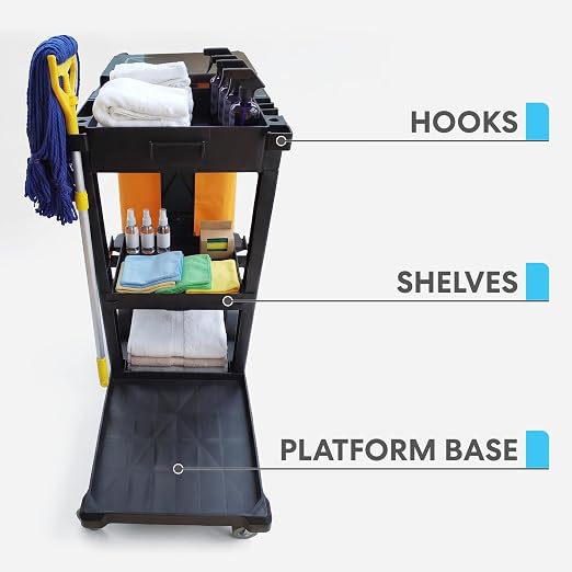 Simpli-Magic Commercial Cleaning Cart with Waste Bag & Lid, Janitorial Utility Cart with 3 Shelves, Mop & Broom Holders, 330 lb Capacity, Yellow/Grey