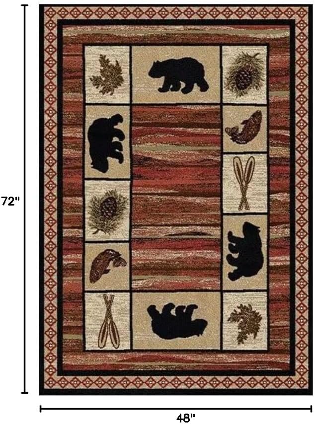 Vintage Cabin Bear Area Rug for Dining Room Low Profile Wildlife Plants Pattern Patchwork Rugs Guest Room Decor Floor Carpet 4'x6'